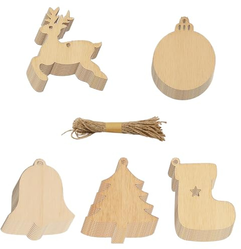 50pcs Christmas Ornaments Set, Christmas Wooden Baubles with Holes, Unfinished Slices, Decorations to Paint Decorate for Kids DIY Crafts for Xmas Gifts, Hanging Decoration