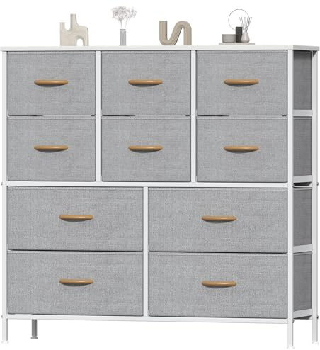 Feonase Chest of Drawers, Bedroom Tall Dresser with 10 Fabric Drawers, Metal Frame & MDF Wood Top, Adjustable Feet, Storage Organizer Unit for Bedroom, Closet, Living Room, Hallway, Light Grey
