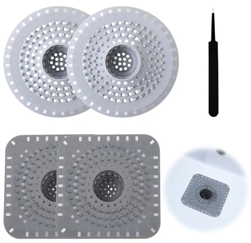4 Stück Abflusssieb Silikon Haarsieb Dusche, Duschablauf Haarsieb Haarstopper Haarfänger Dusche, Abfluss Sieb für Dusche Waschbecken Badewanne und Küche (2 Rund + 2 Eckig)