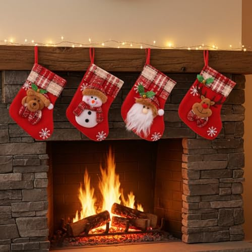Nikolausstrumpf Kinder 4er Set Klein, 16×13cm Weihnachtsstrümpfe zum Aufhängen, Mini Weihnachtsstrumpf für Kamin, Weihnachtsbaum Deko, Nikolausstiefel zum Befüllen mit Süßigkeiten und kleinen Geschenk