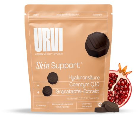 URVI® Skin Gummies – Hyaluronsäure, Q10 & Vitamin C – 30 Stück | Vitamin C-, Niacin- & Zink-Gummies für Kollagenbildung & Haut* – mit Hyaluronsäure, Q10 & Granatapfel, zuckerfrei