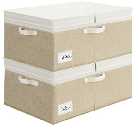 GRANNY SAYS Aufbewahrungsbox mit Deckel Stoff, 2 Stück Weiß-Braun Stoffkiste mit Deckel Dekorativ, Faltbare Aufbewahrungsbox Stoff, Kleiderschrank Aufbewahrungskorb mit Deckel für Kleidung Spielzeug