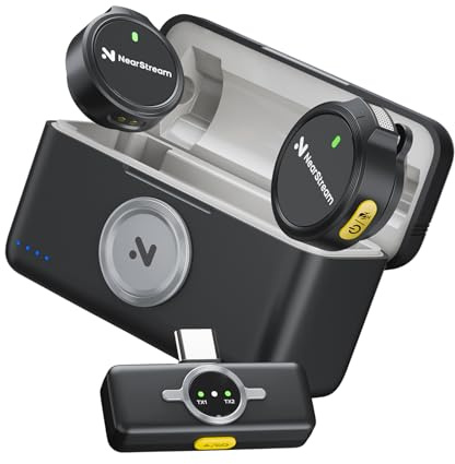 NearStream Microfono Lavalier Wireless con Cancellazione del Rumore e Modalità Silenziosa, Compatibile con Smartphone Android,iPhone, iPad,PC,50 m di Distanza,1 RX + 2 TX + 1 Custodia di Ricarica