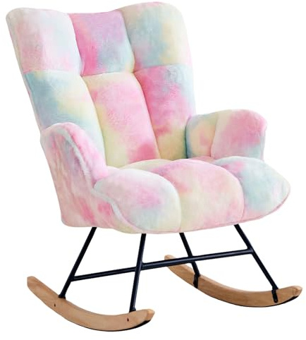 XH.Easy Go Schaukelstuhl Stillsessel Schaukelsessel mit Armlehnen Gepolsterter Stillstuhl Relaxsessel für Wohnzimmer Babyzimmer Bis 136 kg Belastbar Rocking Chair Nursery,Bunt