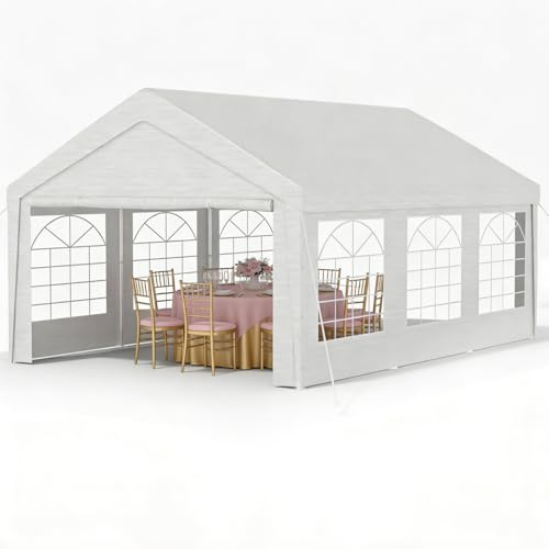 Ferzone Tonnelle de Réception Jardin 4x6m avec Bâche PE, Grande Tente Extérieure-Anti-UV, Barnum Pliant avec Piquets de Sol&Cordes Anti-Vent de Mariage Baptême Famille fêtes, Blanc