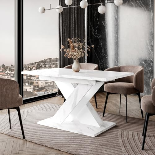 PROROOM FURNITURE TOXO Ausziehbarer Esstisch 120-160x80 cm Moderner Küchentisch X-Gestell Weiße Marmoroptik Weiß Matt