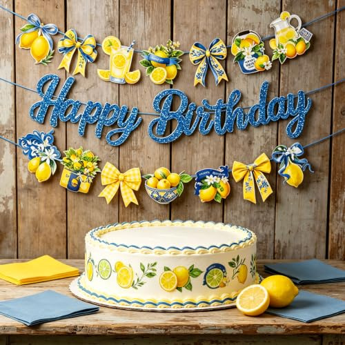 Capri Lemon Party Dekorationen Italien Blaue Fliesen Banner | Capri Lemon Party Dekorationen Banner Italien Blaue Fliesen Banner Wimpelkette Geburtstagszubehör für Limonade Sommerparty