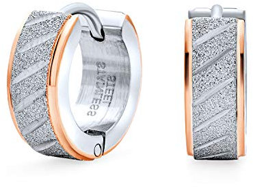 Unisex Matte Carved Diagonal Slashes Wide Hoop Huggie Earrings For Men Women Rose Gold Edge Two Tone Stainless Steel Stardust Finish
