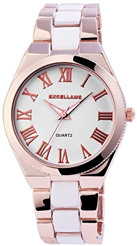 Excellanc Damen-Uhr Metall Gliederarmband Clipverschluss Leuchtzeiger Analog Quarz 1800020 (roségoldfarbig weiß)