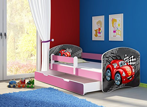CLAMARO 'Fantasia Pink' 180 x 80 Kinderbett Set inkl. Matratze, Lattenrost und mit Bettkasten Schublade, mit verstellbarem Rausfallschutz und Kantenschutzleisten, Design: 05 Rennwagen Rot