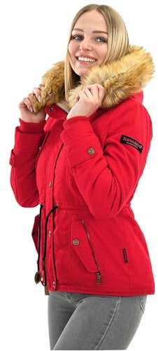 Navahoo Damen Winterjacke (XS-XXL) - 100% Baumwolle Obermaterial, Teddy Fleece innen, Kunstfell abnehmbar, Warme Jacke Frauen B643 (S, Rot)