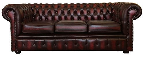 Chesterfield 3 Seater Sofa – Genuine Italian Leather in Antique Oxblood Red – Handmade – Deep Button Tufted Backrest, Scroll Arms, Solid Hardwood Frame & Mahogany Legs – Classic British Design