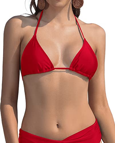 SHEKINI Bikini Femme Chic Halter Réglable Ties-up Haut de Bikini ou Alors Triangle Taille Basse Ruched Bas de Bikini Maillots de Bain(S,Rouge-Bikini Top)