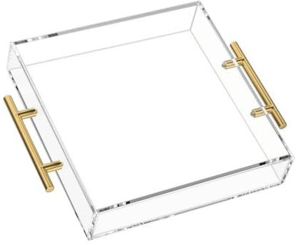 12x12 Clear Acrylic Serving Tray with Gold Handle, Clear Square Plastic Food Serving Tray for Breakfast Coffee Bread Kitchen Home Decor(12x12 inches)