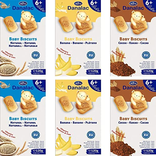 DANALAC Baby Biscuits 120g Combo Snack Pack - 2 Banana, 2 Cocoa, 2 Natural Plain - Snacks and Food for Toddlers 6+ Months with Calcium, Iron and Vitamins, 120 g (Pack of 6)