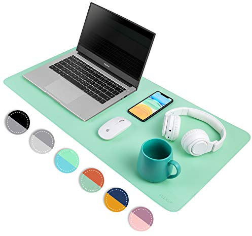 Grün/Seeblau, doppelseitige Schreibtischunterlage aus PU-Leder, 2021, verbesserte Näh-Laptop-Matte, wasserdicht, großes Mauspad, glattes Schreib-/Malunterlage, Dekoration, 80 x 40 cm