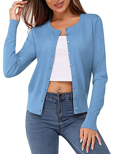 Newshows Women's Solid Button Down Long Sleeve Classic Crew Neck Knit Cardigan Sweater(Gray Blue 02,Large)