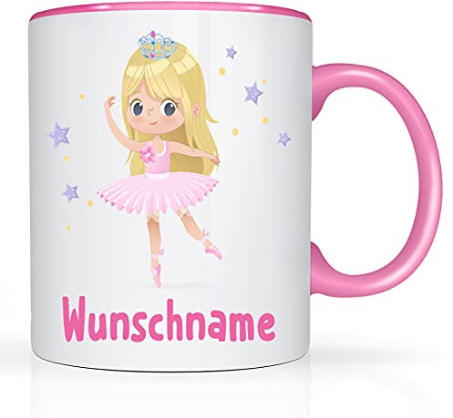 Print-Klex Tasse mit Namen und Ballerina Motiv Bedruckt Namentasse Namensbecher prima Ballerina blond für Mädchen Kindertasse Weiß/Rosa Spruchtasse Keramik mit Druck 330ml