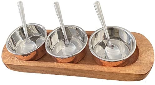Copper Chutney Tray Relish 3 Pot Pickle 7 pcs Wood Base Set Restaurant Serving