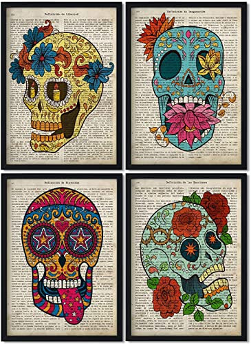 Nacnic Premium-Set mit 4 Postern mit mexikanischen Totenköpfen | Bilderbögen mit bunten Skelettillustrationen / A4-Format (21x29,7cm) mit schwarzem Rahmen /