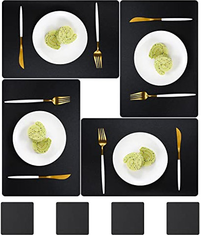 pigchcy Leather 45x30cm Placemats and Coasters Set of 4 PVC Heat-Resistant Waterproof Placemats Washable Wipeable Table Mats for Dining Room and Decor (Black)