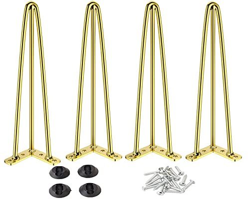 Osring 61 cm Haarnadel-Tischbeine mit 1,27 cm Durchmesser, 3 Stangen, Metall-Möbelbeine für Couchtisch und Konsolentisch, Mid-Century Gold Hairpin Legs mit Haarnadel-Bodenschutzfüßen, 4 Stück