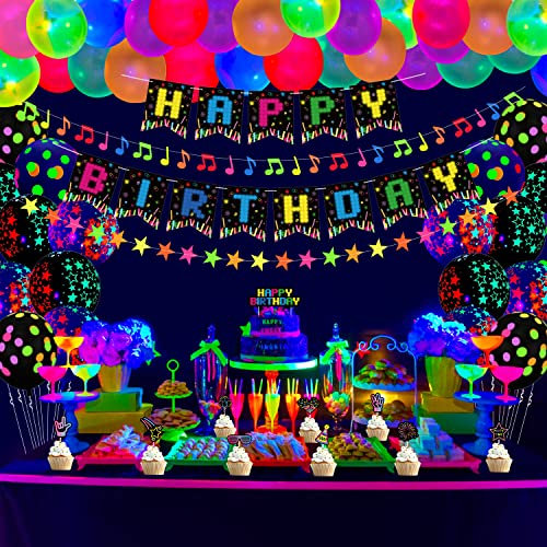 68 PCS Glow Party Supplies Set Glow in the Dark Birthday Banner UV Black Light Reactive Cake Topper Swirls Neon Fluorescent Glow Balloons Neon Stars Musical Note Stars Garlands Neon Party Dekorationen