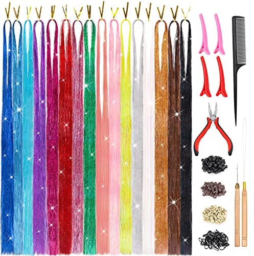 Tinsel Hair Extensions Haar Lametta: Fowecelt 16 Farben Glitzersträhnen für Haare, Haarsträhnen zum Einflechten, Glitzer Strähnen Haare für Weihnachten Neujahr Halloween Party Zubehör