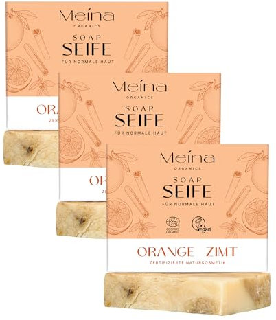 Meina Naturkosmetik - Naturseife, Bio Seife mit Orange und Zimt ohne Palmöl, Zertifiziert, Vegan, Nachhaltig, Handgemacht, Wie ein festes Duschgel - 100g