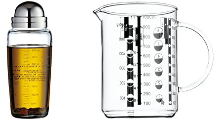 WMF Salat Dressingshaker 400ml, Glasbehälter mit Skalierung, mit 5 aufgedruckte Rezepte, Glas, Cromargan Edelstahl, spülmaschinengeeignet & Messbecher 1 l Gourmet aus hitzebeständigem Glas