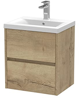 Hudson Reed HAV802A Havana Modern Bathroom Wall Hung 2 Drawer Vanity Basin Unit & Mid-Edge Ceramic Basin, 500mm, Woodgrain Autumn Oak
