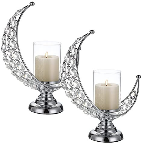 TOLIDA Juego de 2 Candelabro Cristal Candelabros de Forma de Luna Plata Bandejas Portavelas Candelabro para Velas de Velas Portavelas Votiva de Té Centros de Mesa para Boda Navidad