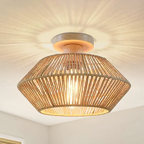 KMaiPem Boho Rattan Deckenlampe Wohnzimmer, Handgewebter Natürliche Bauernhaus Holz Deckenleuchte Schlafzimmer, Mini-Kronleuchter für Küche, Eingangsbereich, Flur, Foyer