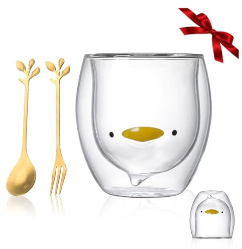 Yuragim Süße Tasse Kawaii Bär Becher Doppelwandige Isolierglas Gläser Kaffeetasse Trinkgläser Teegläser Kreative Espressotassen Geburtstagsgeschenke Ideen Weihnachten Geschenk für Frauen Kinder (Ente)