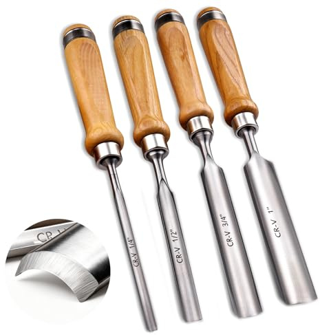 LWCUSNJ 4-Pieces Woodworking Wood Chisel Set,CR-V Steel Sharp Curved Edge Gouge Firm Wood Handle Carpentry Gouge Tools