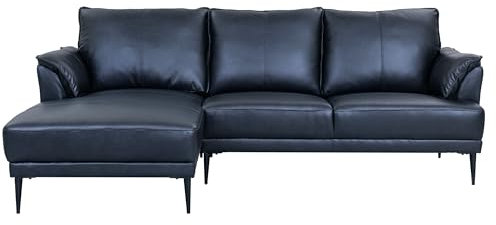 Furnhouse Soul L-Form Ecksofa Ledersofa Links Schwarz – Hochwertiges Echtleder Sofa – Skandinavisches Design, Taschenfederkern, Metallfüße, Ottomane, Modern & Elegant für Wohnzimmer