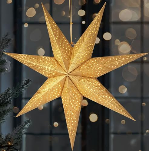 BRUBAKER 60 cm Papier Weihnachtsstern zum Aufhängen - LED Adventsstern für Weihnachtsdeko und Fenster - 3D Papierstern mit Timer-Funktion - Hängender Leuchtstern - Gold