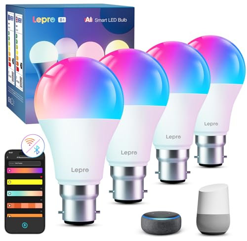 Lepro AI Smart Bulb B22, Music Sync Bayonet WiFi Bulb, Colors Changing Light Bulb Works with Alexa & Google Assistant, 806lm, Voice Control, Personalized AI Lighting Designer, 4 Packs