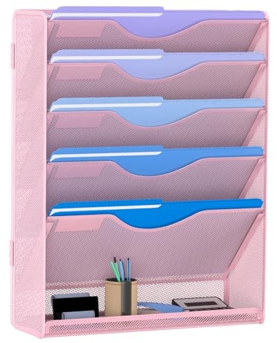Gawerk 6 Tier Hanging File Organizer, Mesh Wall File Holder Paper Folder Rack with Bottom Flat Tray for Office Home, Pink