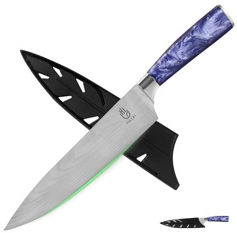 FULLHI Cuchillos de cocinero, Cuchillo Japonés Multicolor de 8 Pulgadas con Guarda, Cuchillo de Cocina Alemán de Acero Inoxidable Premium con funda (Resina púrpura)