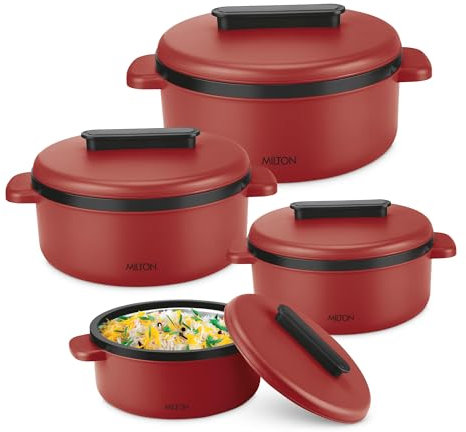 Milton Micronova Gift Set Inner Stainless Steel Casserole, Set of 4 (380 ml, 775 ml, 1345 ml, 1950 ml), Red, BPA Free, Food Grade, Hot and Cold, Microwaverable Steel, Dishwasher Safe, Chapati, Roti