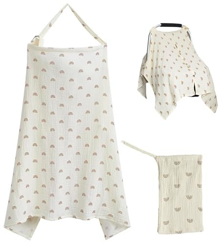 Breastfeeding Cover with Storage Bag,Nursing Cover,Muslin Cotton,Multi Use Privacy Breast Feeding Cover,360° Coverage,Soft,Breathable,with Arch Neckline,for Outdoor Breastfeeding