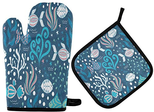 Vikeiac Deep Sea Underwater World Fish Oven Mitts and Pot Holders Sets 2 Piece Set,Suitable for Kitchen Cooking Heat Resistant Baking Grilling Machine Gloves
