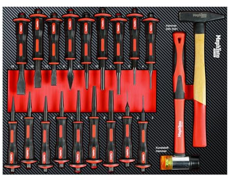 Mephisto Werkzeugeinlage Werkstattwageneinlage Hammer- Set | Werkzeug Set Pro Line mit Hammer Meisel und Durchschläge- Set in Soft Inlay in Carbonoptik