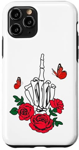 iPhone 11 Pro Skeleton Middle Finger Butterfly & Rose Skull Middle Finger Case