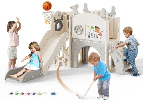 Lischwert Kinderrutsche 6-in-1-Kleinkindrutsche freistehend, Kleinkindrutschenset für drinnen und draußen mit Golfset, Zeichenbrett, Rutsche und Basketballkorb, Teleskop (WPX-11-Beige)