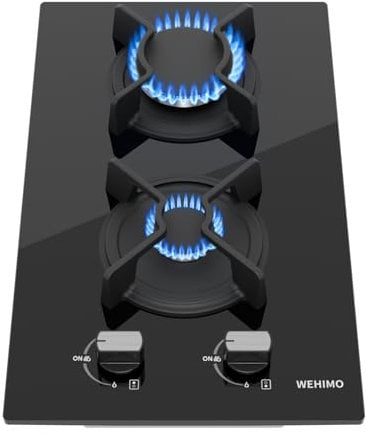 WEHIMO - Placa de cocina de gas de 2 fuegos, placa de gas de 2 fuegos empotrable, cocina de gas con 2 quemadores, rejilla hierro fundido, 3700 W, gas ciudad y botella, cristal negro