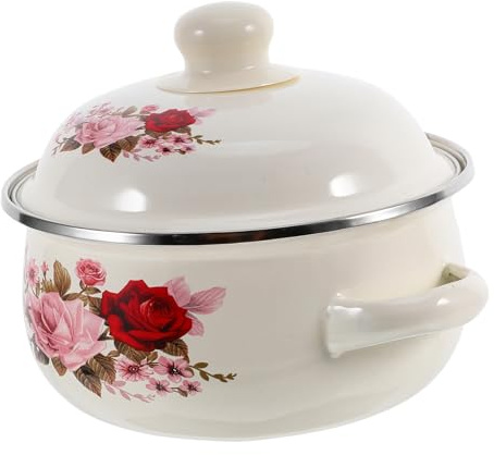 Emaille Topf mit Deckel 1000ml, Zweigriffiger Suppentopf | Emaille, Blumenmuster, und Nudeln, Geeignet für Einzelpersonen oder Paare