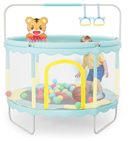 Warmiehomy 5FT Toddler Trampoline 1.5M Trampoline for Kids Indoor Outdoor Trampolines with Safety Enclosure Net, Basketball Hoop, Gymnastics Bar, Ball, Hanging Rings