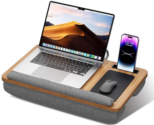 Portable Lap Laptop Desk, Fits up to 17 inch Laptop, with Anti-Slip Strip & Phone Holder, Lightweight Lap Tray Table with Cushion for Couch & Bed (Beech D)